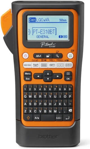 [PT-E310BTVP] Brother PT-E310BTVP Handheld Pro Labelling Machine, 180 DPI Resolution, Up to 20mm/Sec Print Speed, Industrial Strength Cutter, Up to 18mm Wide Print, QWERTY Keyboard, Black/Orange | PT-E310BTVP