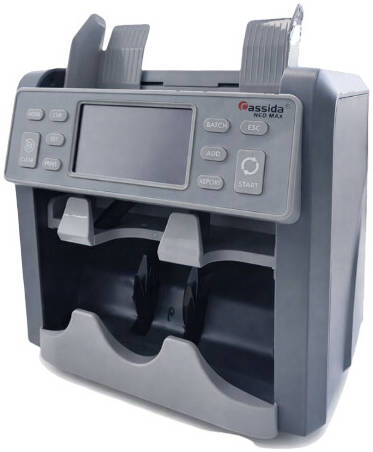 [NEO-MAX-NV] Cassida Neo Max 2-Pocket Mix Value Counter And Sorter With Printer, LCD Touch Screen, 500-1000 Hopper, Auto Currency Recognition, All Currency Mix Mode, Roller Friction System, Gray | NEO-MAX-NV