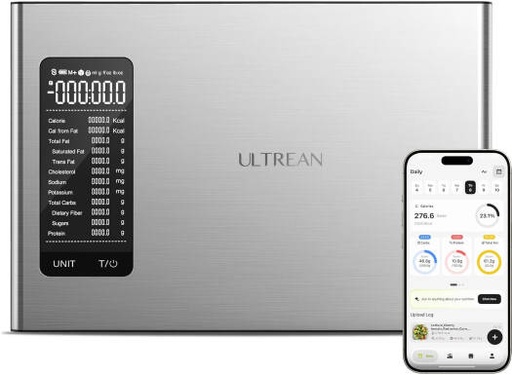 [K40H] Ultrean Smart Digital Food Scale with App, 10kg/22lb High Precision Kitchen Scale, 1g/0.1oz, Macro Tracker, AI Diet Analysis, Stainless Steel Surface, Battery Powered, Silver | K40H