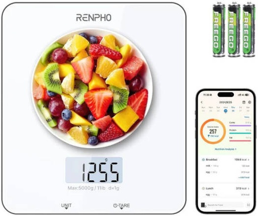 [ES-SNG01-WH] Renpho Calibra 1 Smart Nutrition Scale, LCD Display, 5kg Max Weight, Units in Pounds & Kilograms, Tare Function, Coffee Maker Timer, Glass + HIPS Material, White | ES-SNG01-WH