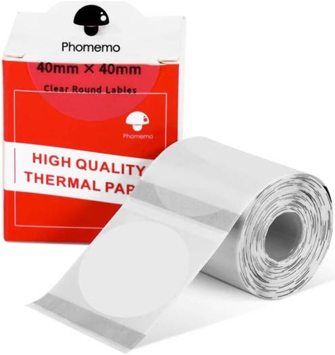 [RNDPLN1XY4040TR] Phomemo 20711066 Round Transparent 180 Labels Roll, 40x40 Size, No Design, For Gift Card Tags / Barcode Stickers Etc | RNDPLN1XY4040TR