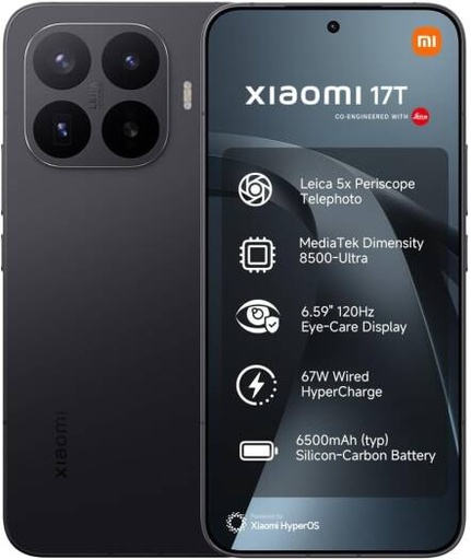 [17T 5G] Xiaomi 17T 5G Smartphone, 6.59" 120Hz AMOLED Display, MediaTek Dimensity 8500-Ultra, 12GB RAM, 512GB Storage, 50MP Camera, 6500mAh, 67W HyperCharge, Black, TRA Version | 17T 5G