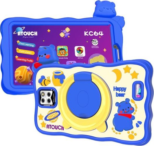 [KC64] ATOUCH Android Tablet For Kids, 7-Inch Screen Smart Tab Wi-Fi Bluetooth And Dual SIM Early Education With 360° Rotating Stand Silicone Case/Carry Gift Bag, Blue | KC64