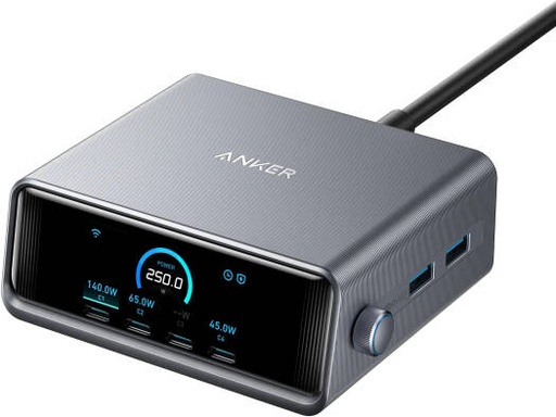[A2345241] Anker Prime Charger, 250W Max Power Output, 2.26" LCD Display, 4x USB-C and 2x USB-A Ports, 6-Port GaN Charging Station, GaNPrime Technology, Space Gray | A2345241