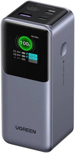 [35524B] UGREEN Nexode Power Bank, 100W Super Fast Charging, 20000 mAh Capacity, 130W Dual Output, 3 Port USB C, TFT Display, Travel Ready, Black | 35524B