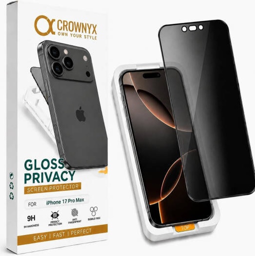 [IP-17PM-GPSP] CROWNYX Privacy Screen Protector for iPhone 17 Pro Max, Dust free, Anti Finger Print, Shatter Proof, Scratch Resistant, Anti Spy Tempered Glass, Easy Installation Kit | IP-17PM-GPSP