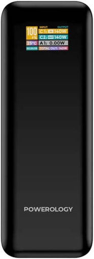 [PPBCHA90BK] Powerology NeuroVolt 140 27000mAh Power Bank, 140W PD Fast Charging, Dual USB C, Dual USB A, LED Display, Overcharge Protection, High Capacity, Travel Ready, Rugged & Portable | PPBCHA90BK