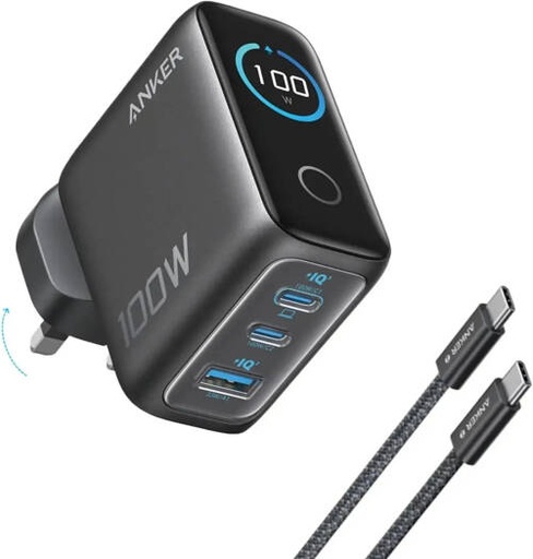 [B121BKZ1] Anker GaN Charger, 100W Power Output, 2x USB-C Ports And 1x USB-A Port, GaN Technology, Dynamic Power Allocation, Smart LCD Display, Gray | B121BKZ1
