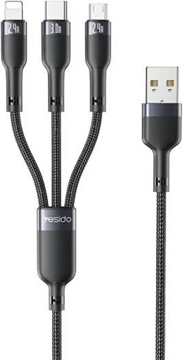[CA91] Yesido CA91 3 in 1 USB Cable, Built-In Smart Chip, Fast Charging Support, High-Speed Data Transfer, Tangle-Free Construction, Pure Copper Wire Core, Universal Compatibility, Black | CA91
