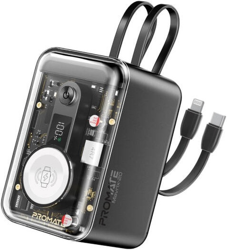 [Mavrix-20.Black] Promate 65W Multi-Device Charging Transparent Power Bank with Built-In USB-C & Lightning Cable, 20,000mAh Battery Capacity, 18.5cm Cable Length, Black | Mavrix-20.Black