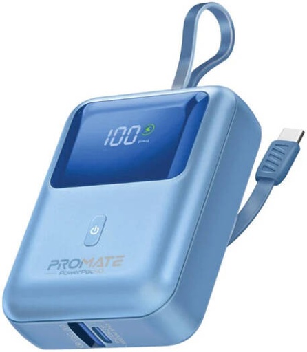 [PowerPod-10.Blue] Promate Ultra-Compact 10000mAh Power Bank, 35W Power Delivery Port, Built-In USB-C Cable & 8W QC 3.0 USB-A Port, Smart LED Screen, Ultra Compact Design, Blue | PowerPod-10.Blue