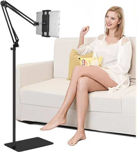 [TabStand] MIOTEQ Tablet Floor Stand, Height Adjustable ipad Floor Stand, Compatible with iPhone iPad Pro Air Mini, Samsung Tab, Kindle, E-Readers, Flexible Adjustments, Hands-Free Convenience, Black | TabStand