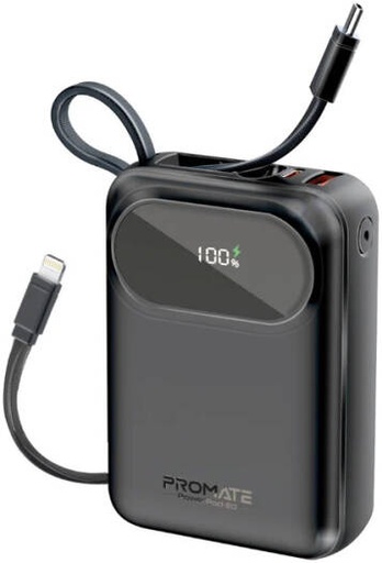 [PowerPod-20.Black] Promate Ultra-Compact 20000mAh Power Bank, 35W Power Delivery Port, Built-In USB-C & Lightning Cable, 22.5W QC 3.0 USB-A Port, Smart LED Screen, Ultra Compact Design, Black | PowerPod-20.Black