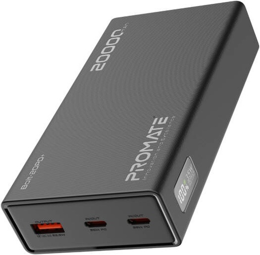 [Bolt-20PD+] Promate Bolt-20PD+ Power Bank, 20000mAh, 35W USB-C PD, 22.5W USB-A QC 3.0, 2x USB-C Input, Triple Device Charging, LED Display, In-Flight Approved, Multi-Protection, Black | Bolt-20PD+