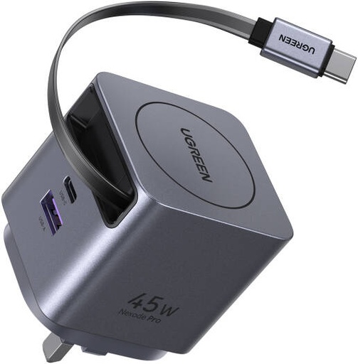 [65823] UGREEN Nexode Pro 45W GaN Wall Charger, USB-C PD & PPS Fast Charging, 1x USB-C, 1x USB-A, Built-In 0.7M Retractable USB-C Cable, QC, AFC, FCP, 8 Safety Protections, Grey | 65823