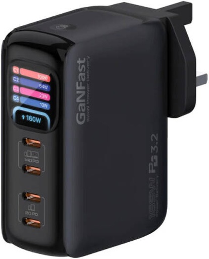 [Prime-165] Promate Prime-165W GaNFast USB C Charger, 4 Port USB C Fast Charging Station, Dual 140W PD 3.2 Outputs, Smart TFT Power Display, PPS And AVS Charging Support, Multi Device, Black | Prime-165