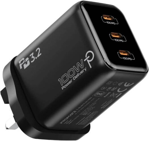 [Quantum100W] Promate Quantum100 GaN Charger, 3 Port USB C Adapter, Powigan 100W, Smart Power Distribution, PPS Charging Support, PD 3.2 Technology, AI Thermal Protection, Multi Device, Black | Quantum100W