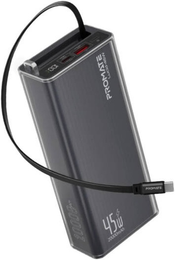 [Lucid-45W] Promate Lucid 45W Power Bank, 20000mAh Portable Battery Charger, 45W Fast Charging Support, USB C Power Delivery, Built In Cable, Digital Battery Display, Compact Design, Black | Lucid-45W