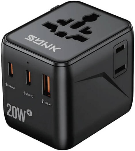 [SKTVLPD20BK] SYNK Thunder Series 20W Travel Adapter, Dual USB-A + USB-C Fast Charging, 20W PD Output, Worldwide Plug Support, Smart Chip Safety Charger, Black | SKTVLPD20BK