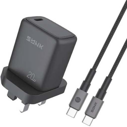 [SKTPD20CCBK] SYNK Thunder Series 20W Fast Charger (C to C), USB-C PD Fast Charging Adapter with PPS Support, Smart Chip, 60W Cable Included, Multi-Protocol Safe Charging, Black | SKTPD20CCBK