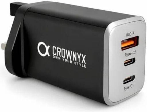 [CMC-365] CROWNYX 65W 3-Port Fast Charger, Dual USB-C & USB-A Compact PD Wall Adapter for MacBook, iPhone, Samsung, iPad, Tablets & Travel Use, Black | CMC-365