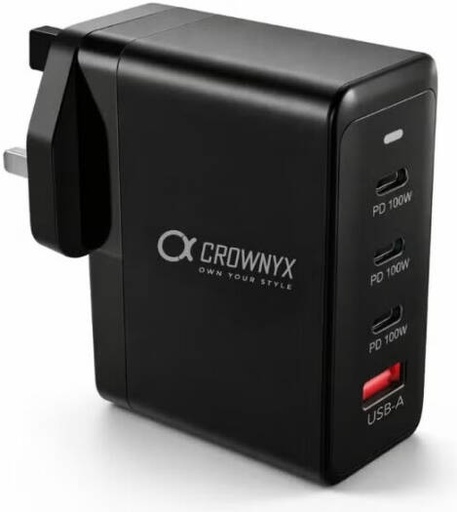 [CMC-400] CROWNYX CMC-400 100W Fast Charger, 4-Port USB-C & USB-A PD Wall Adapter for MacBook, Dell, HP, iPad, iPhone 16/15 Pro Max & Samsung Galaxy S24 Ultra Multi-Device Charging, Black | CMC-400