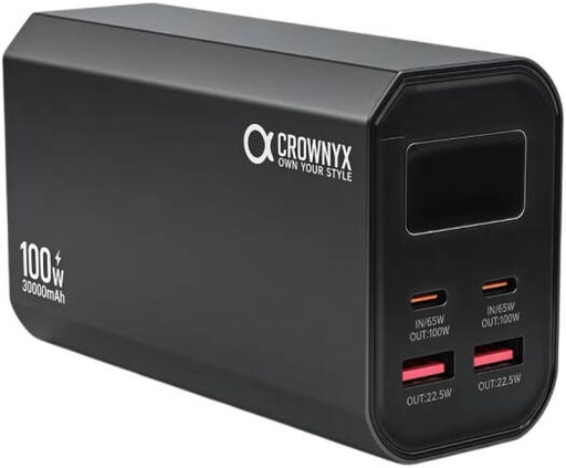 [CPB30K] CROWNYX 30000mAh 100W PD Power Bank, Fast Charging USB-C & USB-A Portable Charger with LED Display for Laptop, Phone, Travel & Emergency Use, Black | CPB30K