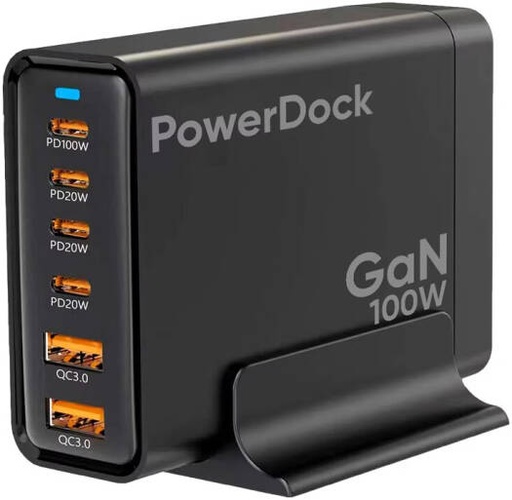 [PowerDock 100W] Myx PRO PowerDock 100W GaN Compact Charging Station, Multi-Port, USB-C Power Delivery, USB-A High-Speed Output, GaN Technology, Smart Power Distribution & Overheat Protection, Black | PowerDock 100W