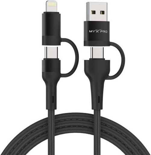 [TRB104] Myx PRO Turbo PowerHub 4-in-1 Fast Charging & Data Cable, 65W USB-C to USB-C & 27W USB-C to Lightning, 1.2M Braided Nylon Cable with USB-A & USB-C Inputs, Black | TRB104