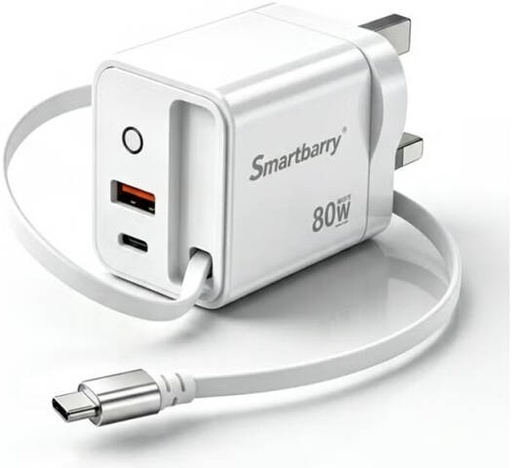 [A010] Smartbarry 80W GaN Fast Charger UK Plug with Retractable USB-C Cable, Dual USB-C & USB-A PD Wall Charger for iPhone, Samsung, iPad & MacBook, White | A010