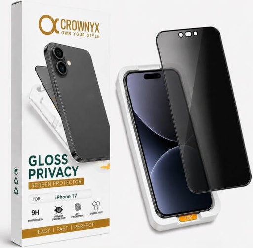 [IP-17-GPSP] CROWNYX Privacy Screen Protector for iPhone 17, Dust free, Anti Finger Print, Shatter Proof, Scratch Resistant, Anti Spy Tempered Glass, Easy Installation Kit | IP-17-GPSP