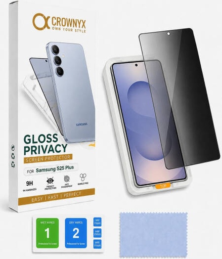 [SAM-S25PL-GPSP] CROWNYX Privacy Screen Protector for Samsung Galaxy S25 Plus, Dust free, Anti Finger Print, Shatter Proof, Scratch Resistant, Anti Spy Tempered Glass Film with Easy Installation Kit | SAM-S25PL-GPSP