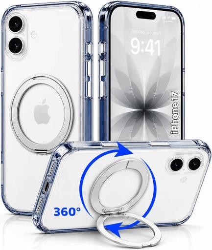 [IP17-MGSF-CSP] CROWNYX Crystal Spin Case for iPhone 17, 360 Degree Spin Ring Stand, Magsafe Compatible, Military Grade Protection, Anti Yellowing, Transparent Back, Scratch Resistant | IP17-MGSF-CSP