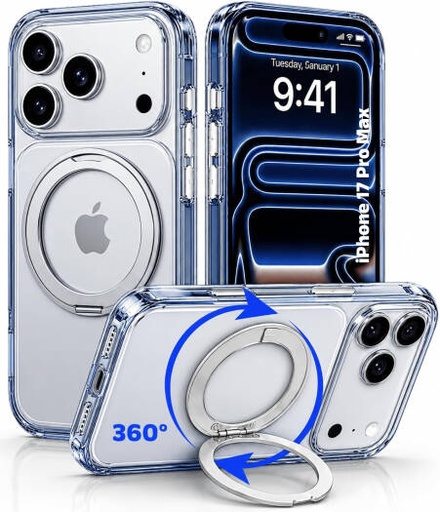 [IP17PM-MGSF-CSP] CROWNYX Crystal Spin Case for iPhone 17 Pro Max, 360 Degree Spin Ring Stand, Magsafe Compatible, Military Grade Protection, Anti Yellowing, Transparent Back, Scratch Resistant | IP17PM-MGSF-CSP