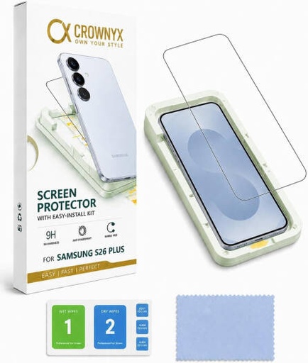 [SAM-S26PL-CSP] CROWNYX Clear Screen Protector for Samsung Galaxy S26 Plus, 9H Hardness, Military Grade Shatterproof, Black Edge Tempered Glass with Easy Installation Tool, Case-Friendly, HD Clear | SAM-S26PL-CSP