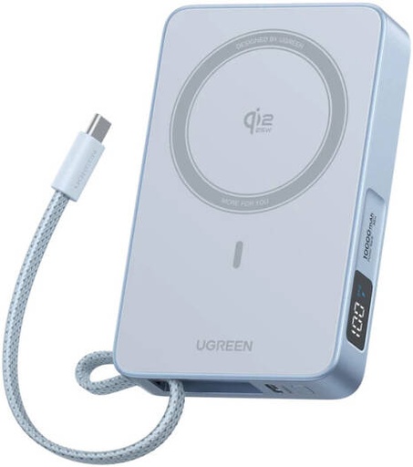 [65958] UGREEN MagFlow 10000mAh Magnetic Wireless Power Bank, Qi2 25W Fast Charging, Built-In USB-C Cable, 30W USB-C PD Output, Portable Battery Pack, Gray | 65958