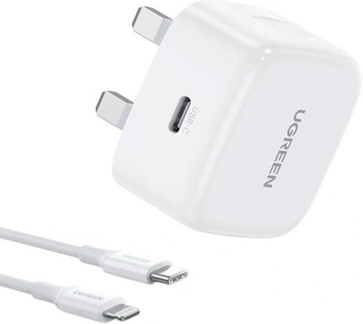 [70297] UGREEN 20W USB-C PD Fast UK Charger with 1m MFi USB-C to Lightning Cable, Quick Charge Adapter for iPhone, iPad & Apple Devices, White | 70297