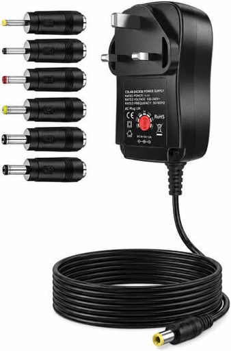 [UPS Adapter Plugs] Universal AC/DC Adapter 30W Switching Power Supply 3V to 12V 2000mA Max with 6 Interchangeable DC Tips for LED Strips, Routers, Radios, CCTV Cameras & Household Electronics, Black | UPS Adapter Plugs