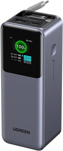 [55987B] UGREEN Nexode Power Bank with Retractable USB-C Cable, 100W Fast Recharging, 20000 mAh Capacity, 165W Dual Output, 3 Port USB C, TFT Display, Travel Ready, Black | 55987B