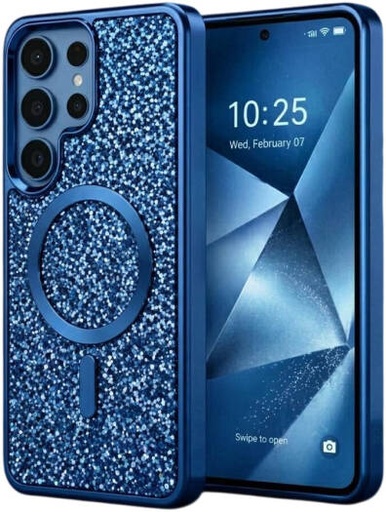 [SAMS25UL-MGSF-GA-BLU] CROWNYX GlamAura Glitter Case for Samsung S25 Ultra, Magsafe Compatible, Bling Sparkle Shockproof Phone, Bumper Cover, Blue | SAMS25UL-MGSF-GA-BLU
