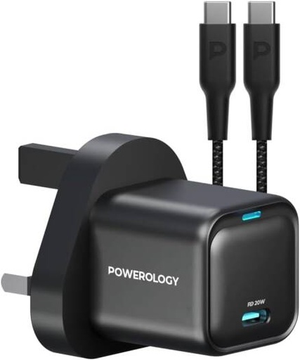 [PWCUQC016-C] Powerology 20W Single C Port PD Charger UK with Type C to C 60W cable, USB-C Fast Charging, 0-60 In 35 Minutes, Built-In Safeguards, Braided USB-C To USB-C Included, Gan Charger, Black | PWCUQC016-C